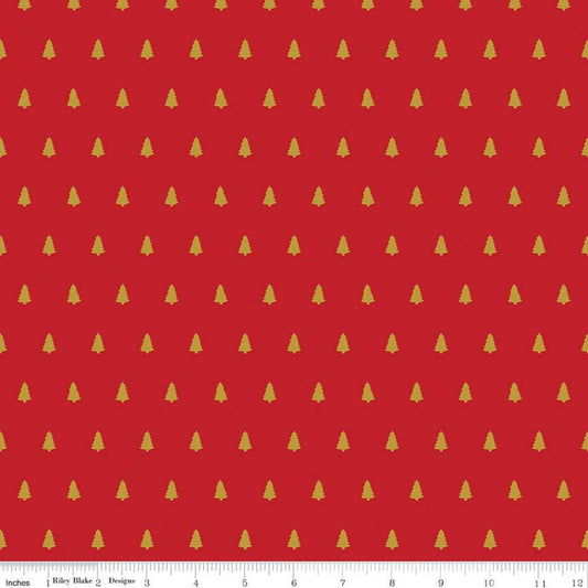 Fat Quarter End of Bolt - SALE Santa Claus Lane Trees SC9613 Red SPARKLE - Riley Blake - Christmas Gold SPARKLE - Quilting Cotton Fabric