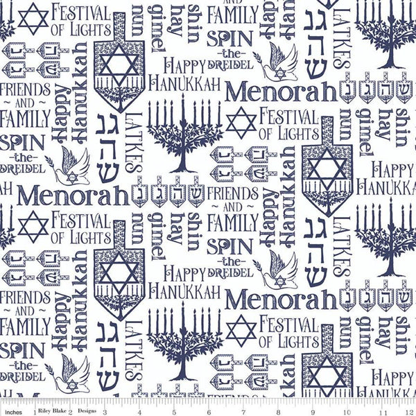 12" End of Bolt - SALE Festival of Lights Symbols C9651 White - Riley Blake - Hanukkah Menorah Star of David Words - Quilting Cotton Fabric