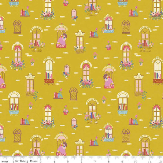 DEAL Beauty & the Beast Windows C9531 Gold - Riley Blake Designs - Fairy Tale Books Reading - Quilting Cotton Fabric