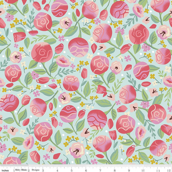 11" End of Bolt - Beauty and the Beast Floral Light Blue - Riley Blake Designs - Fairy Tale Flowers Leaves - Quilting Cotton Fabric