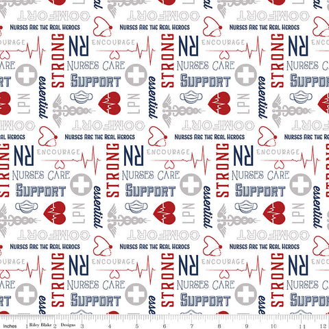 Fat Quarter End of Bolt - Nobody Fights Alone Nurses Care C10422 Red - Riley Blake - Symbols Text RN LPN Nursing  - Quilting Cotton Fabric