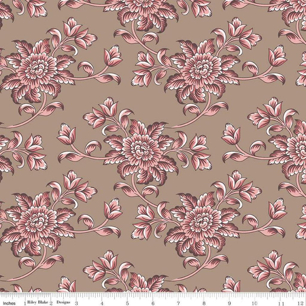SALE Jane Austen at Home C10013 Isabella - Riley Blake Designs - Brown Pink Historical Reproductions Floral Flowers - Quilting Cotton Fabric