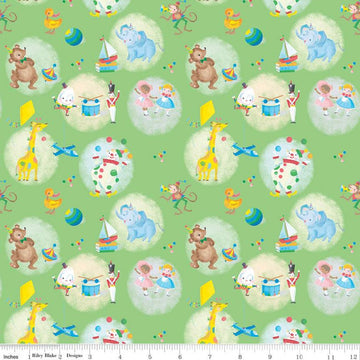 CLEARANCE The Little Engine That Could Toys C9991 Green - Riley Blake Designs - Dolls Planes Drums Animals  - Quilting Cotton Fabric