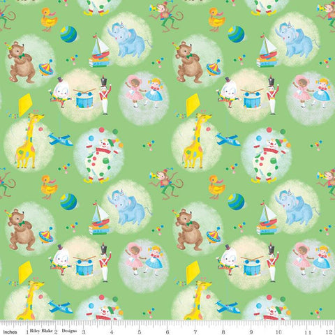 CLEARANCE The Little Engine That Could Toys C9991 Green - Riley Blake Designs - Dolls Planes Drums Animals  - Quilting Cotton Fabric