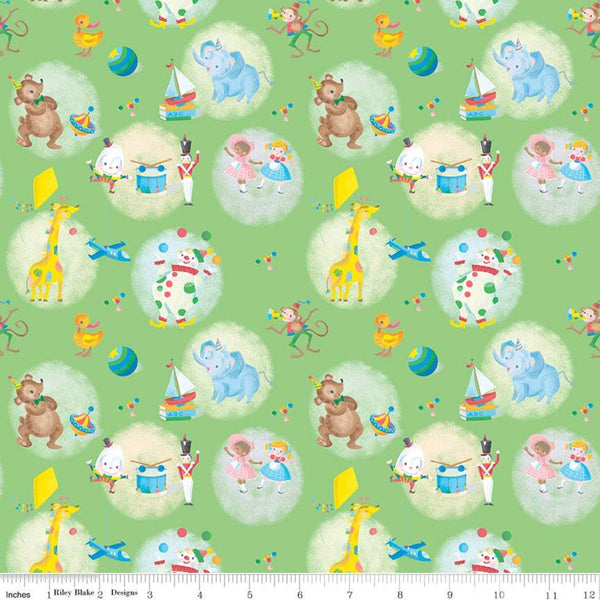 CLEARANCE The Little Engine That Could Toys C9991 Green - Riley Blake Designs - Dolls Planes Drums Animals  - Quilting Cotton Fabric