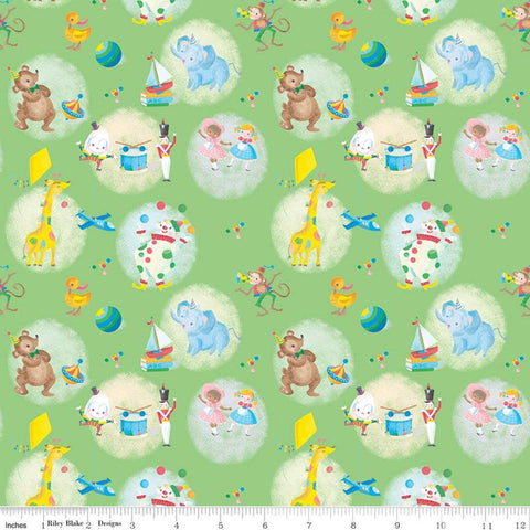 SALE The Little Engine That Could Toys C9991 Green - Riley Blake Designs - Juvenile Dolls Planes Drums Animals  - Quilting Cotton Fabric