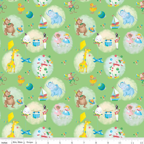 SALE The Little Engine That Could Toys C9991 Green - Riley Blake Designs - Juvenile Dolls Planes Drums Animals  - Quilting Cotton Fabric