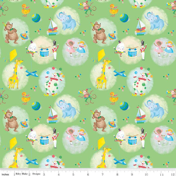 SALE The Little Engine That Could Toys C9991 Green - Riley Blake Designs - Juvenile Dolls Planes Drums Animals  - Quilting Cotton Fabric