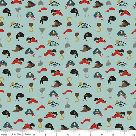 13" End of Bolt - CLEARANCE Pirate Tales Hats C9685 Blue - Riley Blake Designs - Pirates Hooks Hats -  Quilting Cotton Fabric