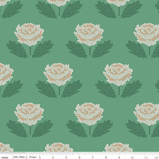17" End of Bolt Piece - CLEARANCE New Dawn Stitch C9852 Green - Riley Blake Designs - Floral Pixelated Flower Leaves Quilting Cotton Fabric
