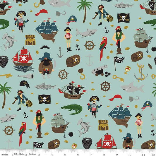 10" End of Bolt DEAL Pirate Tales Scatter C9681 Blue - Riley Blake Designs - Pirates Ships Anchors  Sharks Treasure Chests - Quilting Cotton