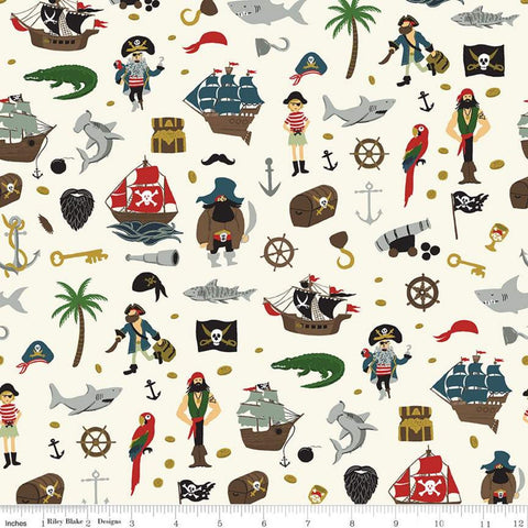 17" End of Bolt - Pirate Tales Scatter C9681 Cream - Riley Blake Designs - Pirates Ships Anchors Coins Sharks Treasure - Quilting Cotton