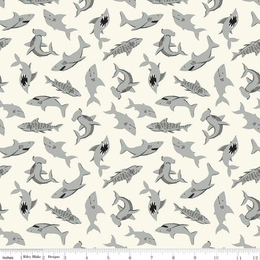Fat Quarter End of Bolt - DEAL Pirate Tales Sharks C9684 Cream - Riley Blake Designs - Pirates - Quilting Cotton Fabric