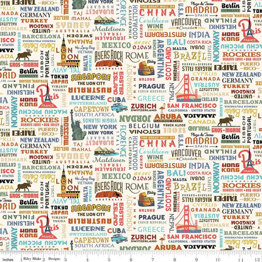22" End of Bolt Destinations World Destinations C10031 Cream - Riley Blake Cities Countries Points of Interest Text - Quilting Cotton Fabric