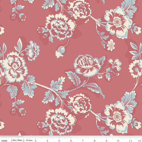 SALE Jane Austen at Home C10012 Lady Catherine - Riley Blake Designs - Red Cream Blue Historical Reproductions Floral - Quilting Cotton