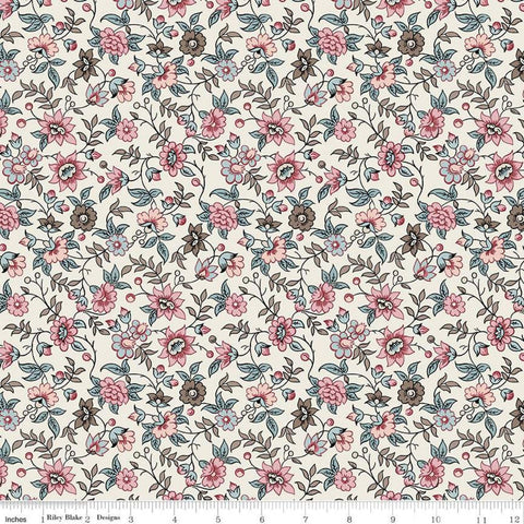 SALE Jane Austen at Home C10004 Elinor - Riley Blake Designs - Cream Blue Historical Reproductions Flowers Floral - Quilting Cotton Fabric