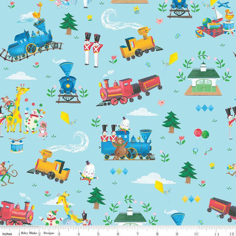 13" End of Bolt Piece - The Little Engine That Could Main C9990 Blue - Riley Blake - Juvenile Train Engine Animals  - Quilting Cotton Fabric