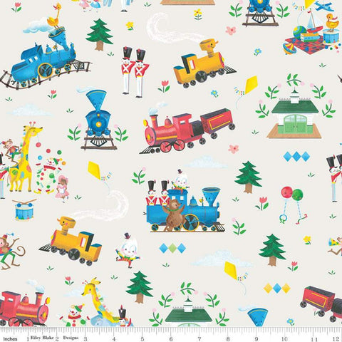 10" End of Bolt - The Little Engine That Could Main C9990 Cream - Riley Blake - Juvenile Trains Clowns Animals  - Quilting Cotton Fabric