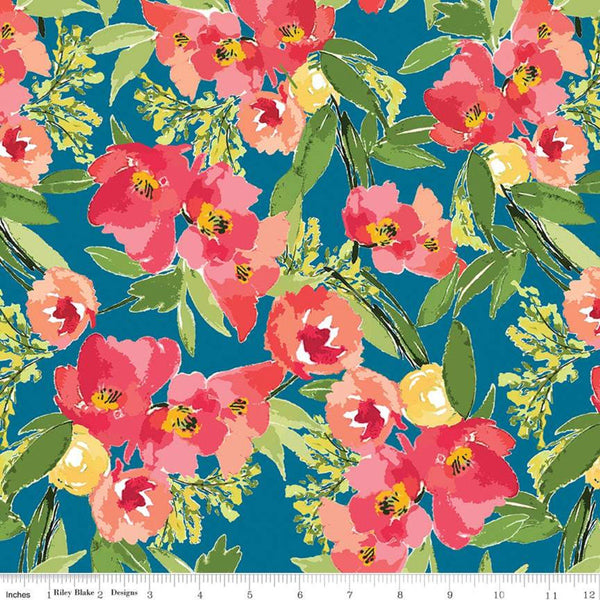 CLEARANCE Glohaven Main C9830 Blue - Riley Blake Designs - Flowers Floral -  Quilting Cotton Fabric
