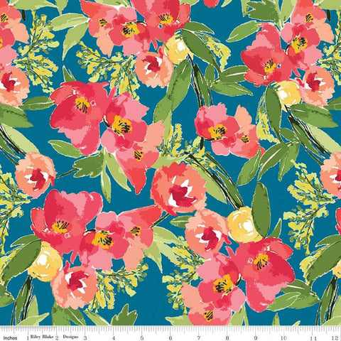 SALE Glohaven Main C9830 Blue - Riley Blake Designs - Flowers Floral -  Quilting Cotton Fabric