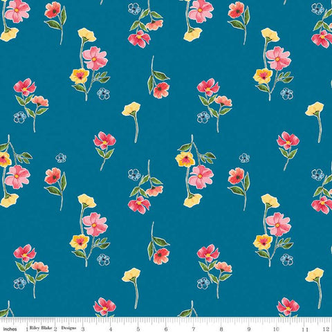 CLEARANCE Glohaven Flowers C9832 Blue - Riley Blake Designs - Floral - Quilting Cotton Fabric