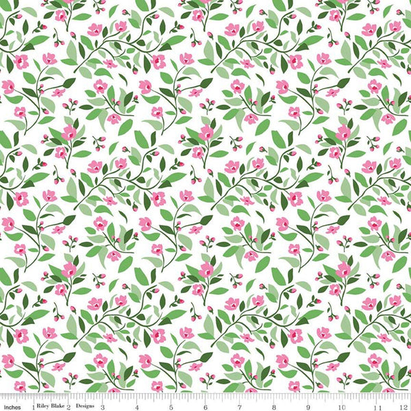 19" End of Bolt - SALE Fleur Vines C9872 Green - Riley Blake Designs - Floral Flowers Flower Sprigs Leaves White  - Quilting Cotton Fabric