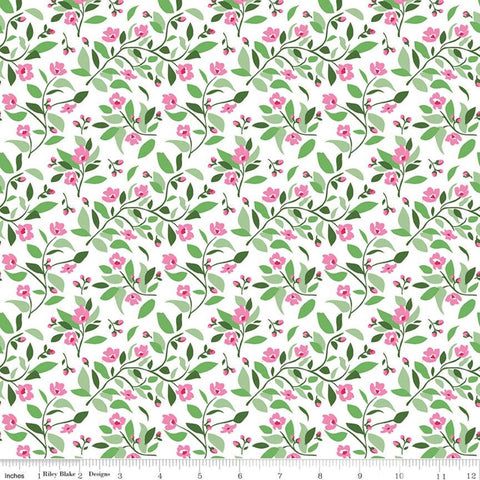 SALE Fleur Vines C9872 Green - Riley Blake Designs - Floral Flowers Flower Sprigs Leaves White  - Quilting Cotton Fabric