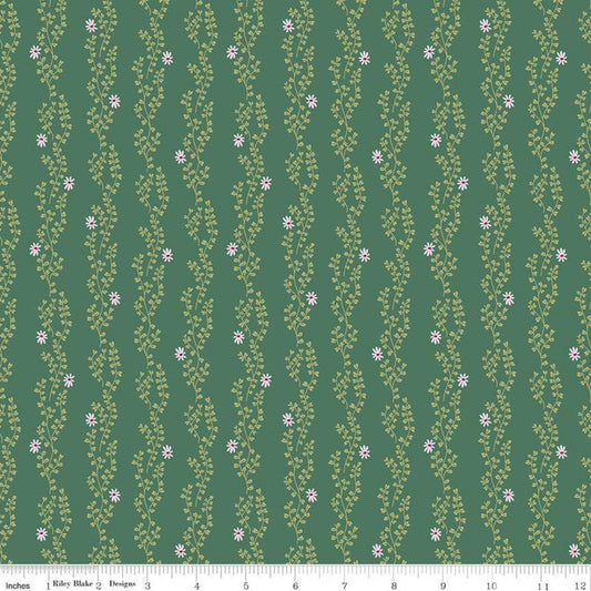 CLEARANCE 16" End of Bolt - New Dawn Clover Stripe C9854 Dark Green - Riley Blake - Floral Flowers Leaves Striped Stripes - Quilting Cotton