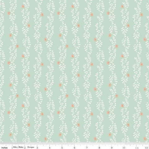 15" End of Bolt - SALE New Dawn Clover Stripe C9854 Mint - Riley Blake -Green Floral Flowers Leaves Striped Stripes - Quilting Cotton Fabric