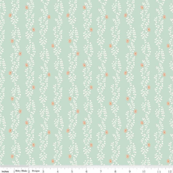 15" End of Bolt - SALE New Dawn Clover Stripe C9854 Mint - Riley Blake -Green Floral Flowers Leaves Striped Stripes - Quilting Cotton Fabric