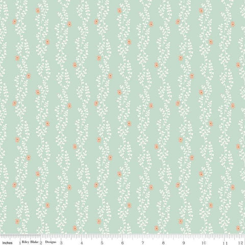 15" End of Bolt - SALE New Dawn Clover Stripe C9854 Mint - Riley Blake -Green Floral Flowers Leaves Striped Stripes - Quilting Cotton Fabric