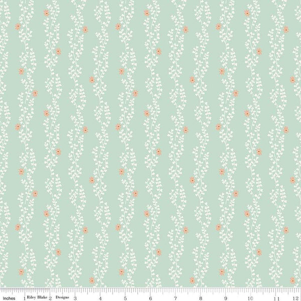 15" End of Bolt - SALE New Dawn Clover Stripe C9854 Mint - Riley Blake -Green Floral Flowers Leaves Striped Stripes - Quilting Cotton Fabric