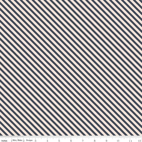 16" end of bolt - Idyllic Stripes C9885 Navy - Riley Blake Designs - Blue Cream Diagonal Stripe Striped - Quilting Cotton Fabric