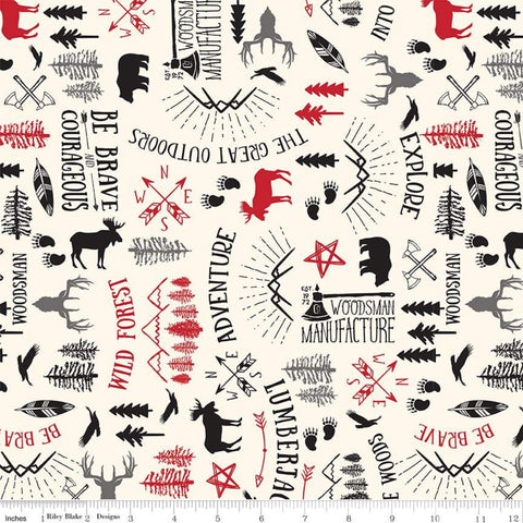 10" End of Bolt - SALE Wild at Heart Main C9820 Cream - Riley Blake - Outdoors Forest-Themed Words Animals Trees - Quilting Cotton Fabric