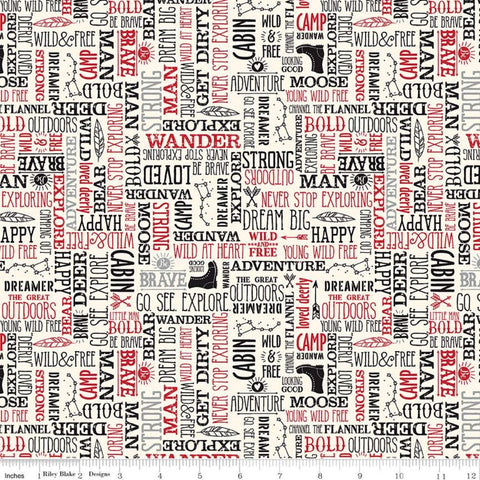 SALE Wild at Heart Words C9826 Cream - Riley Blake Designs - Outdoors Outdoor Icons Text Black Cream Red - Quilting Cotton Fabric