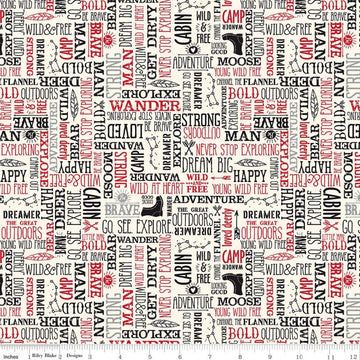 SALE Wild at Heart Words C9826 Cream - Riley Blake Designs - Outdoors Outdoor Icons Text Black Cream Red - Quilting Cotton Fabric