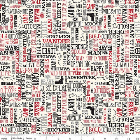 SALE Wild at Heart Words C9826 Cream - Riley Blake Designs - Outdoors Outdoor Icons Text Black Cream Red - Quilting Cotton Fabric