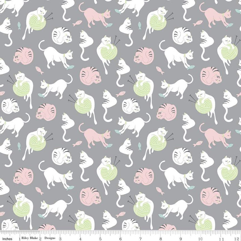 Fat Quarter End of Bolt - SALE Purrfect Day Yarn C9901 Gray - Riley Blake - Cat Kittens Knitting Fish Green White - Quilting Cotton Fabric