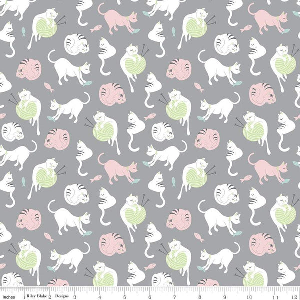 Fat Quarter End of Bolt - SALE Purrfect Day Yarn C9901 Gray - Riley Blake - Cat Kittens Knitting Fish Green White - Quilting Cotton Fabric