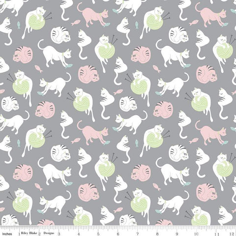 Fat Quarter End of Bolt - SALE Purrfect Day Yarn C9901 Gray - Riley Blake - Cat Kittens Knitting Fish Green White - Quilting Cotton Fabric