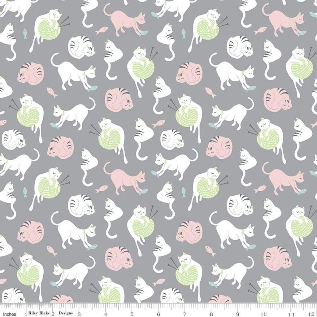 SALE Purrfect Day Yarn C9901 Gray - Riley Blake Designs - Cat Cats Kittens Knitting Needles Fish Pink Green White - Quilting Cotton Fabric