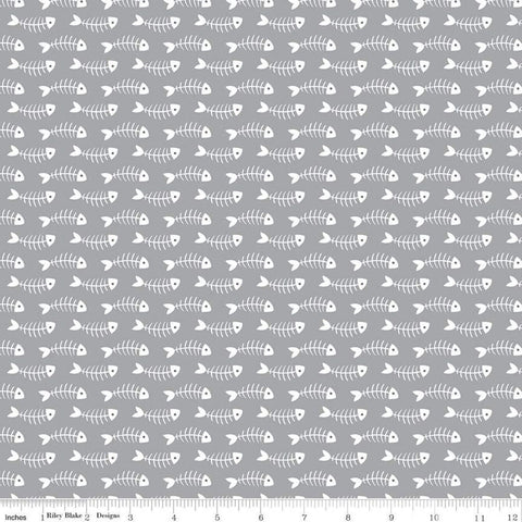 Fat Quarter End of Bolt - SALE Purrfect Day Fishbones C9903 Gray - Riley Blake Designs - Cat Kitten Fish Gray White - Quilting Cotton Fabric