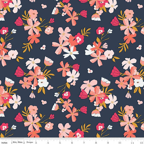 15" End of Bolt Piece - Golden Aster Main C9840 Navy - Riley Blake Designs - Floral Flowers Blue Cream Pink - Quilting Cotton Fabric