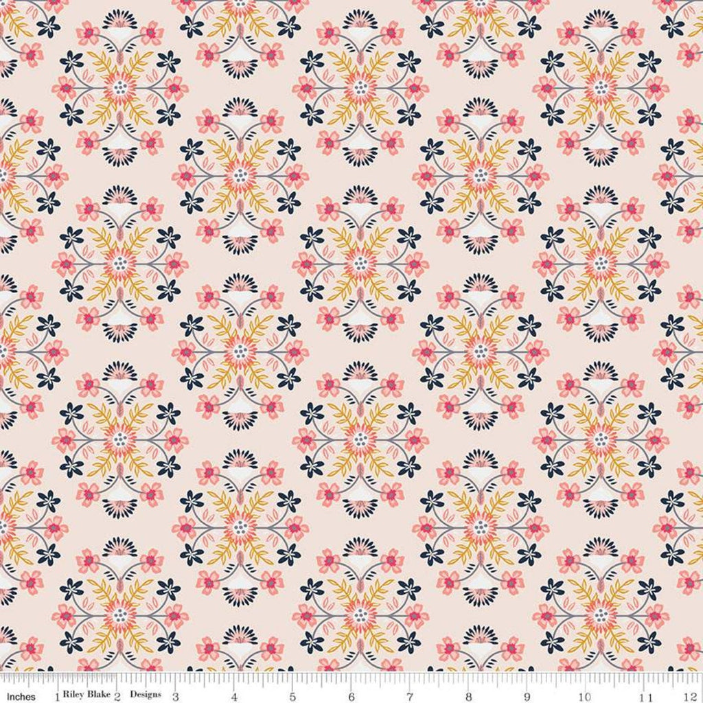15" End of Bolt - CLEARANCE Golden Aster Motif C9841 Cream - Riley Blake - Floral Flowers Damask Like Medallions  - Quilting Cotton Fabric
