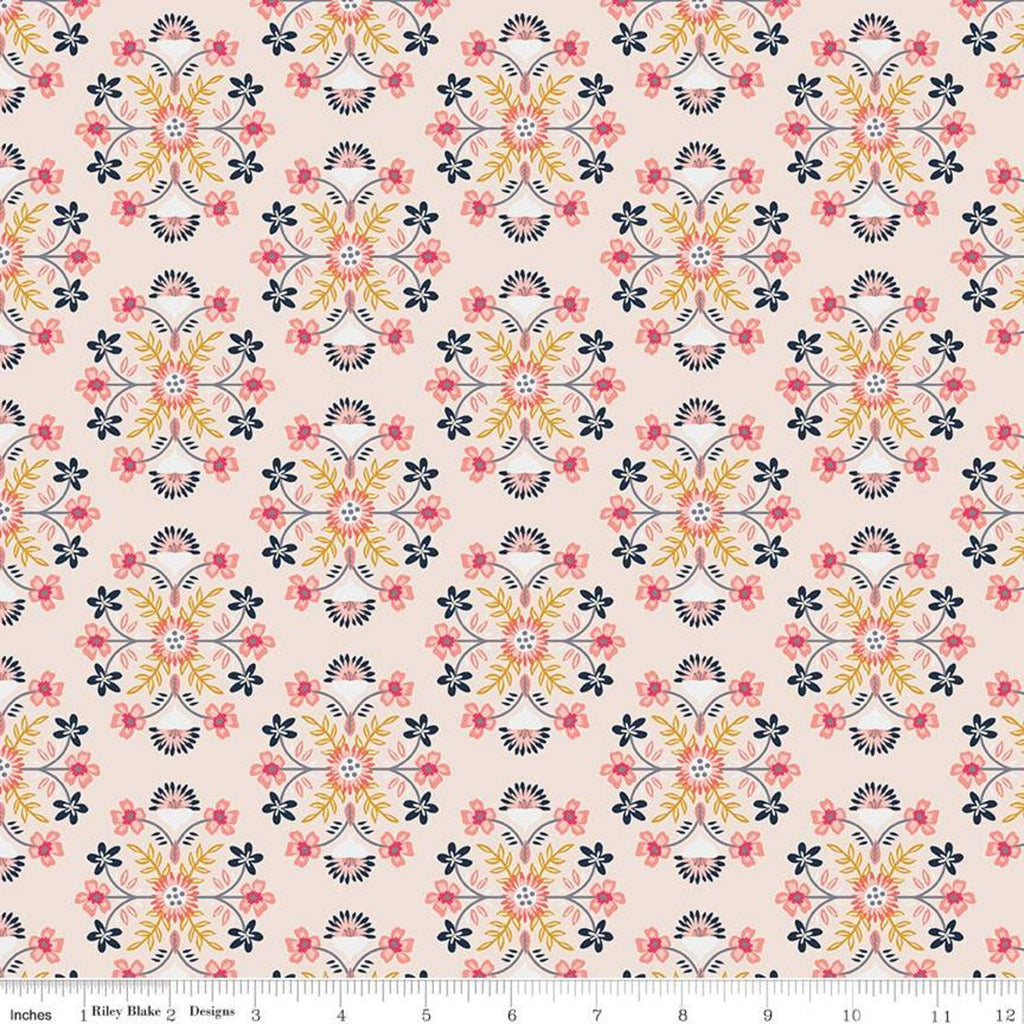 15" End of Bolt - CLEARANCE Golden Aster Motif C9841 Cream - Riley Blake - Floral Flowers Damask Like Medallions  - Quilting Cotton Fabric