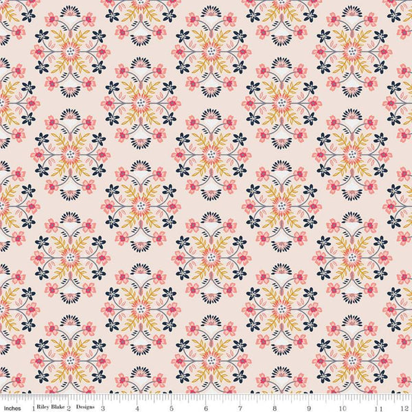 15" End of Bolt - CLEARANCE Golden Aster Motif C9841 Cream - Riley Blake - Floral Flowers Damask Like Medallions  - Quilting Cotton Fabric