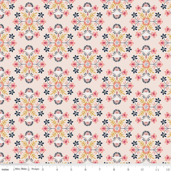 15" End of Bolt - CLEARANCE Golden Aster Motif C9841 Cream - Riley Blake - Floral Flowers Damask Like Medallions  - Quilting Cotton Fabric