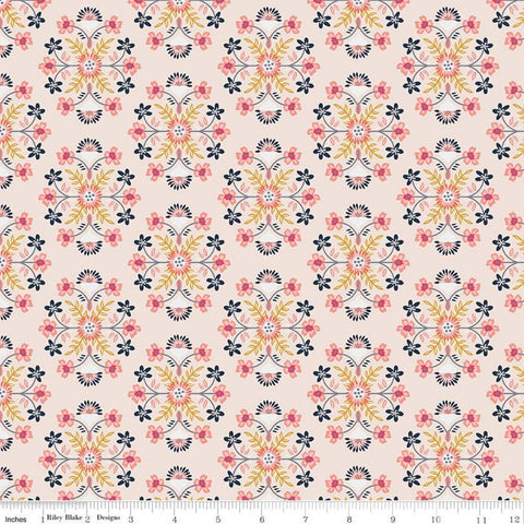 15" End of Bolt - CLEARANCE Golden Aster Motif C9841 Cream - Riley Blake - Floral Flowers Damask Like Medallions  - Quilting Cotton Fabric