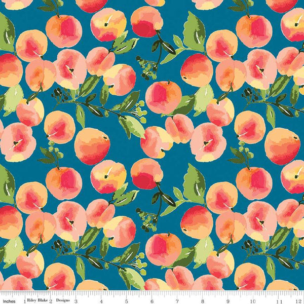 10" End of Bolt Piece - Glohaven Peaches C9831 Blue - Riley Blake Designs - Fruit Leaves -  Quilting Cotton Fabric