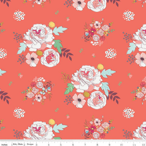 9" End of Bolt - CLEARANCE Idyllic Main C9880 Coral - Riley Blake - Flowers Floral Orange - Quilting Cotton Fabric
